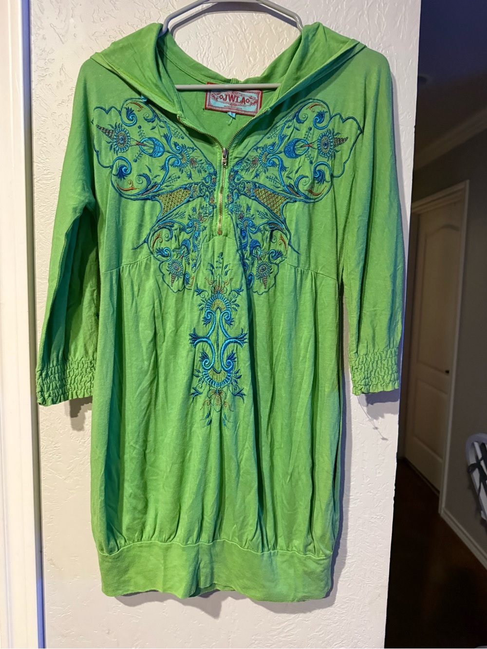 Johnny was LA size small Green Hooded Tunic with Blue Embroidery butterfly